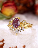 WILLOW Pear Cut Alexandrite Engagement Ring Set Vine Bridal Ring Set